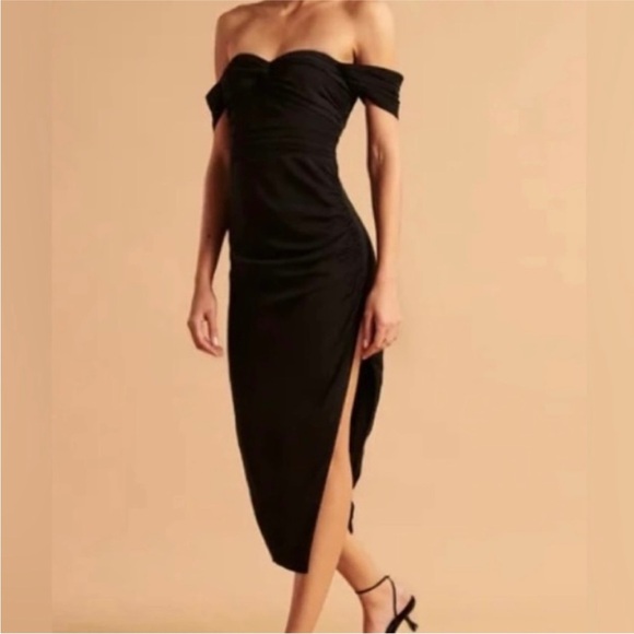 NEW Abercrombie & Fitch Black Off-The-Shoulder Ruched Midi Dress SZ LARGE PETITE - Picture 1 of 8